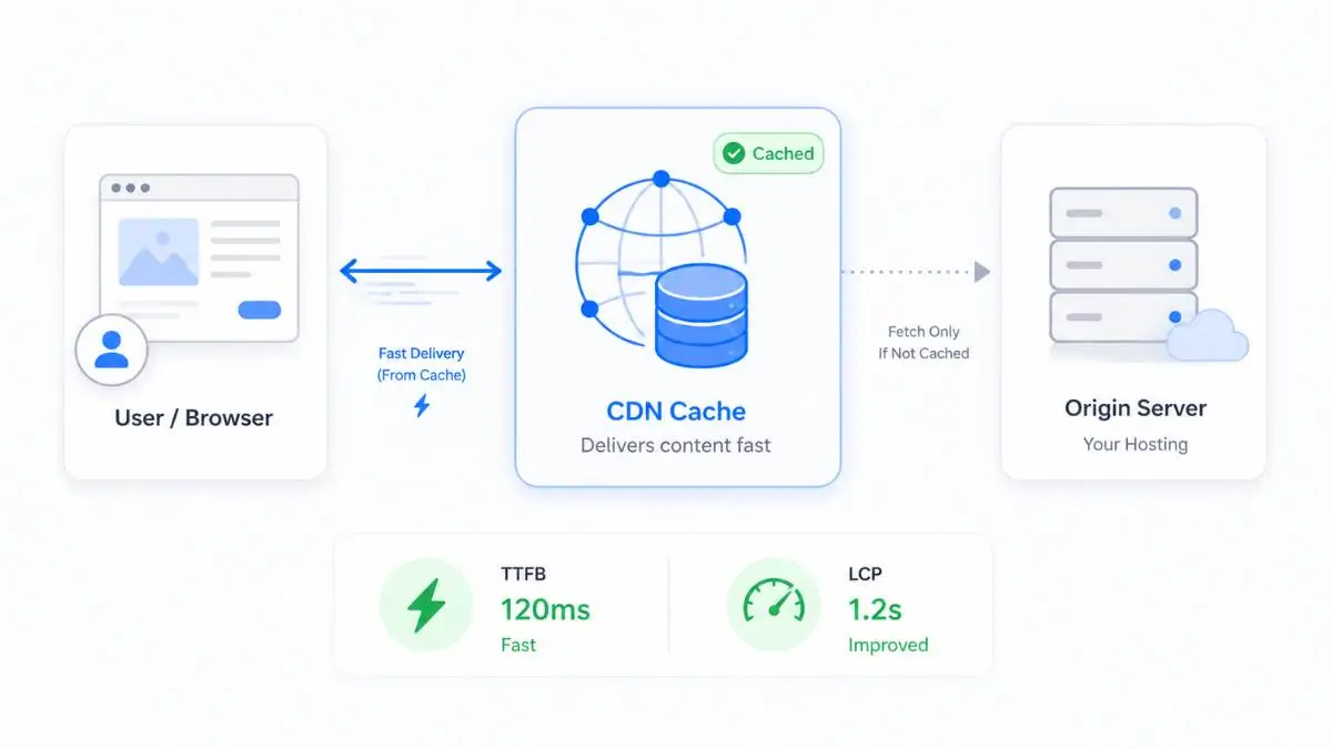Illustration showing a CDN distributing files globally from edge servers while server-side caching saves pre-built pages to reduce server workload