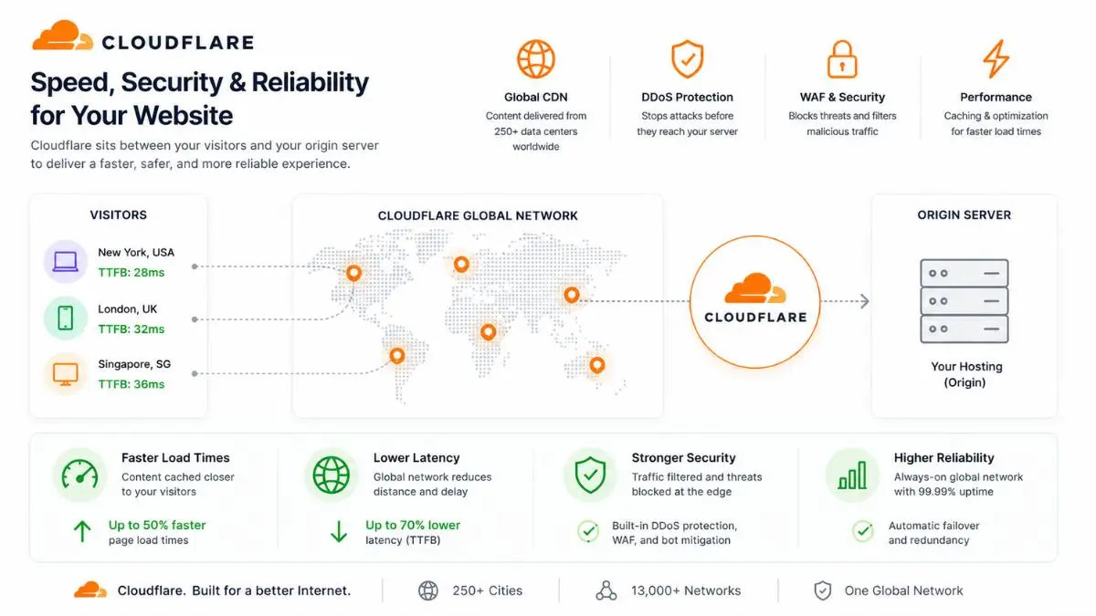 Before and after comparison showing page load sequence without caching or CDN versus with both enabled for dramatically faster delivery