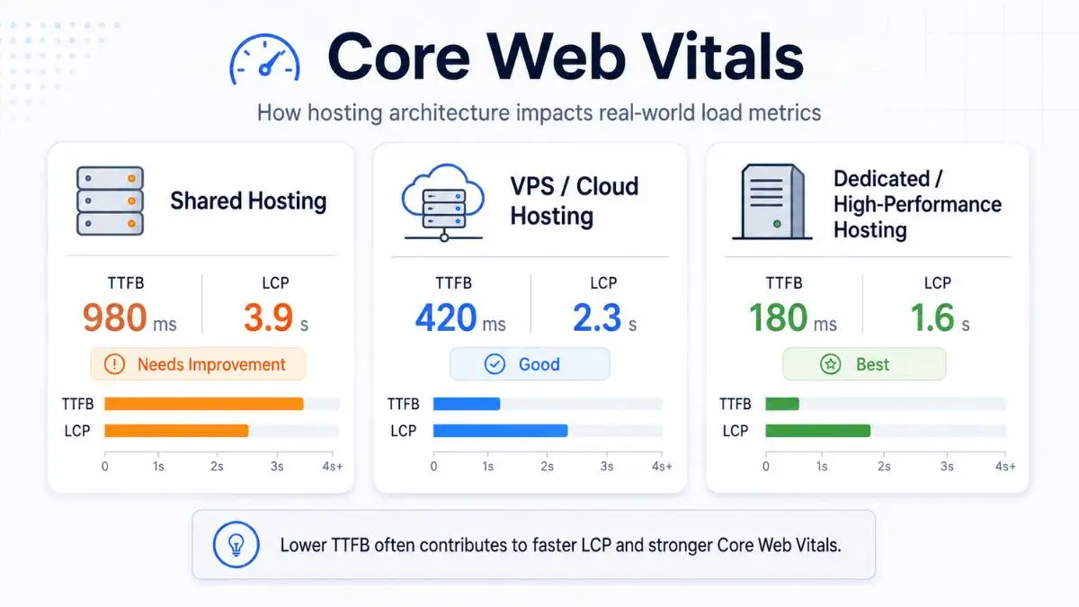 Diagram showing how hosting architecture layers from shared hosting through VPS to edge CDN affect Core Web Vitals performance metrics