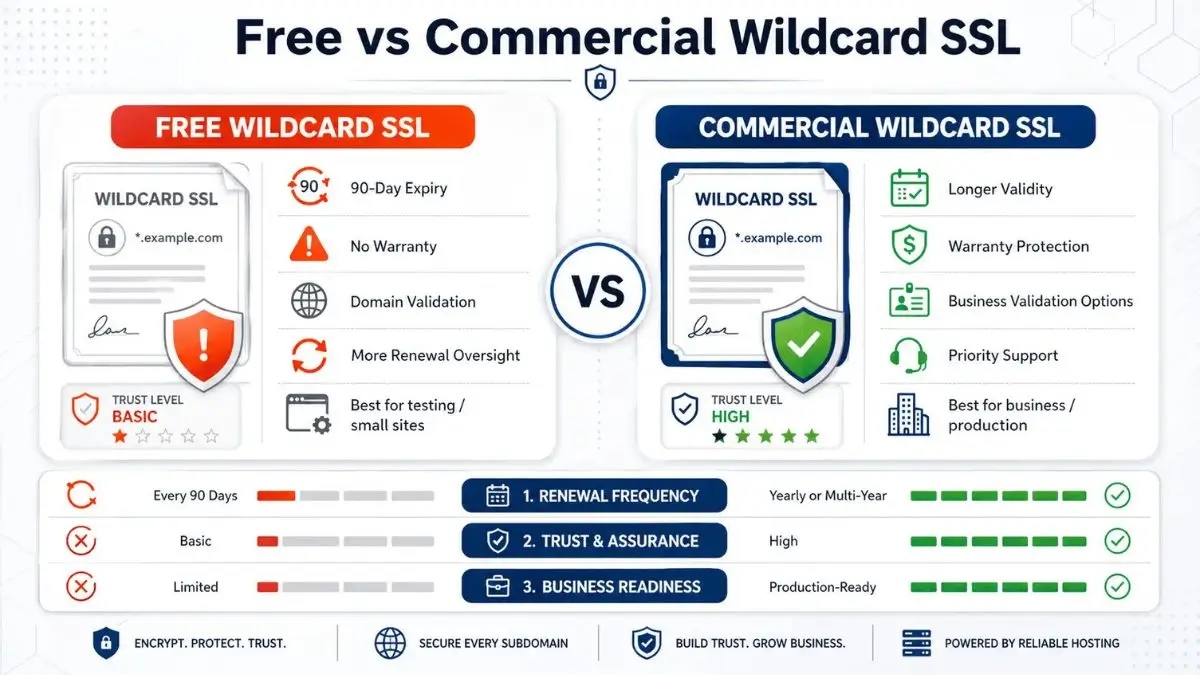 Calendar showing the 90-day renewal cycle of free wildcard SSL certificates compared to longer commercial certificate validity periods