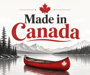Badge HostFinder.ca Made in Canada avec un canot rouge, un lac canadien, des montagnes et une forêt de pins