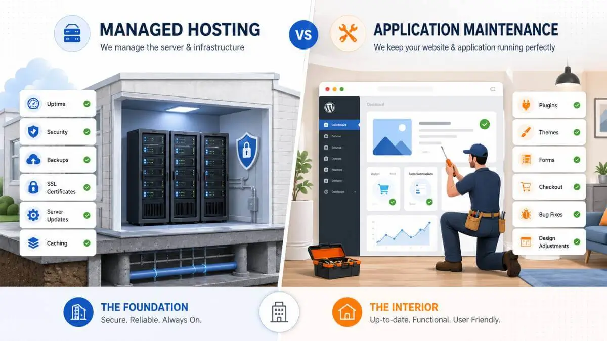 Split illustration showing a managed hosting server environment on one side and a developer fixing website code on the other side