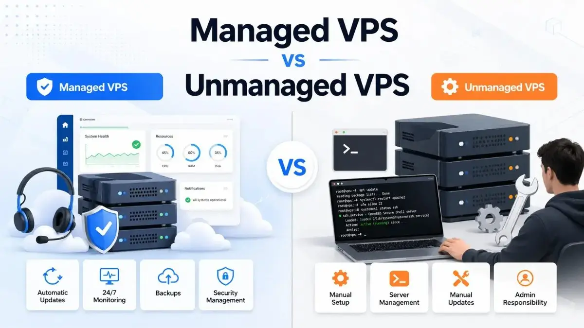 Side-by-side comparison of managed VPS hosting with provider support versus unmanaged VPS where the site owner handles server administration