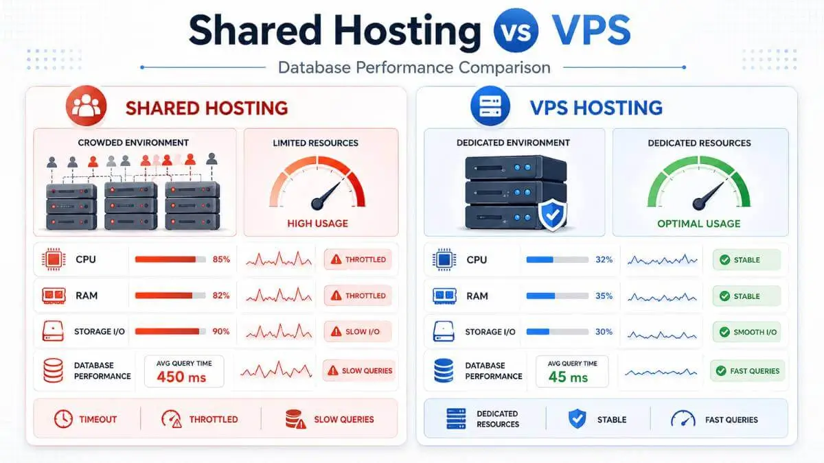 Visual comparison of a shared hosting server crowded with websites versus a VPS with dedicated resources for a single site