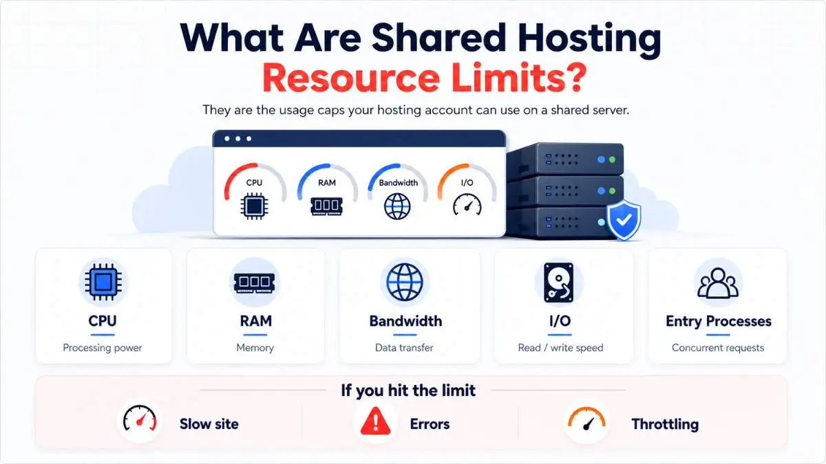 Diagram showing how a shared hosting server divides CPU, RAM, I/O, and Entry Processes across multiple websites on the same machine