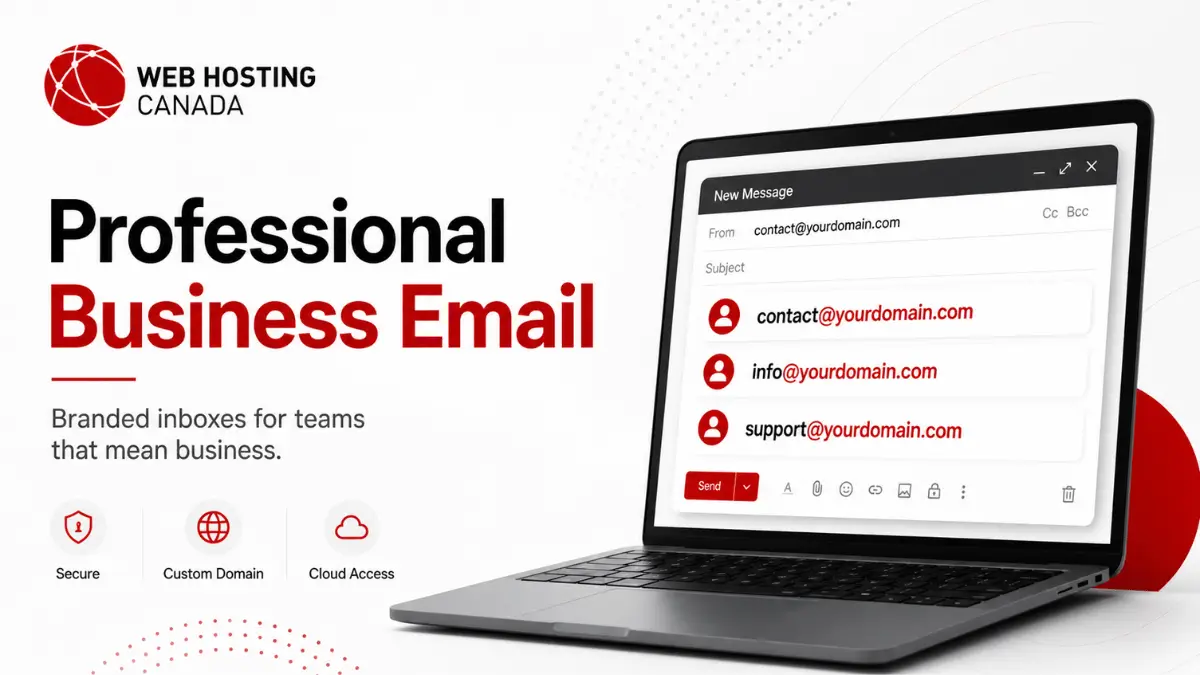 Web Hosting Canada Business Email dashboard showing branded domain mailboxes
