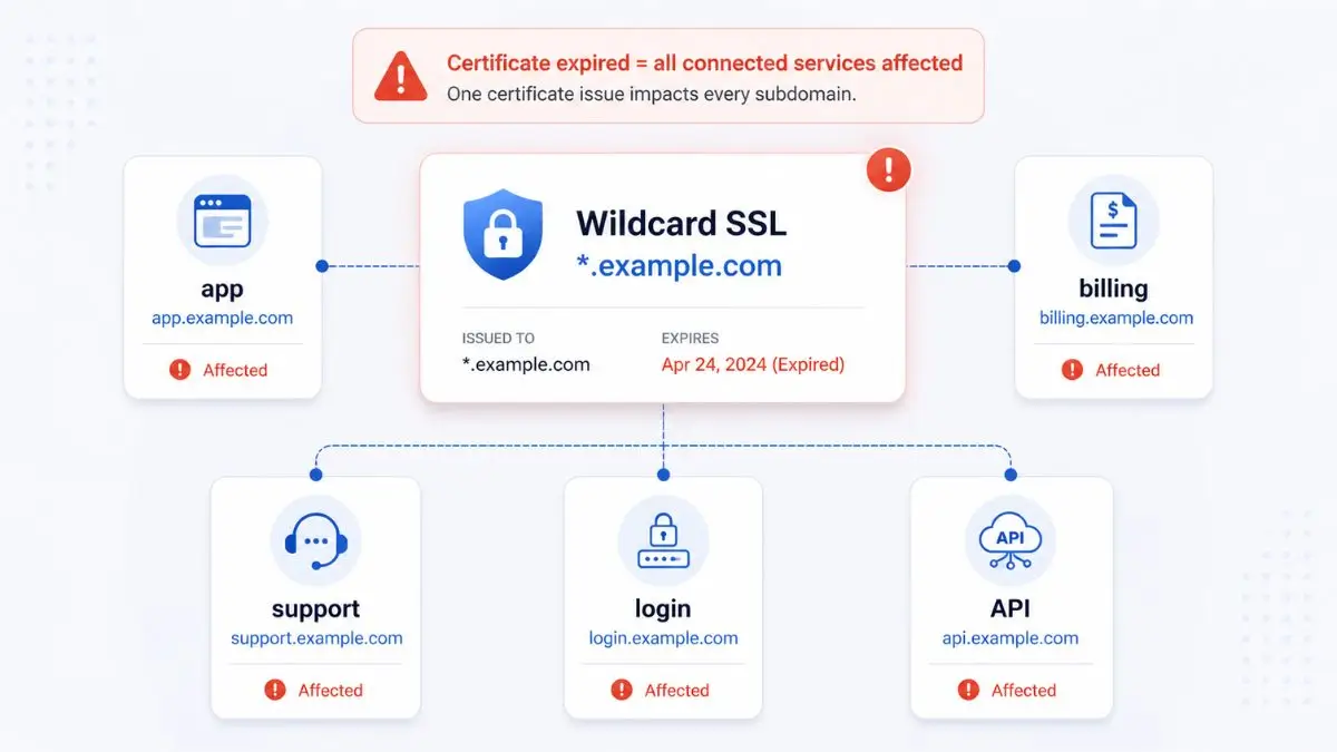 Padlock icon over a wildcard SSL certificate covering multiple subdomains on a shared hosting server